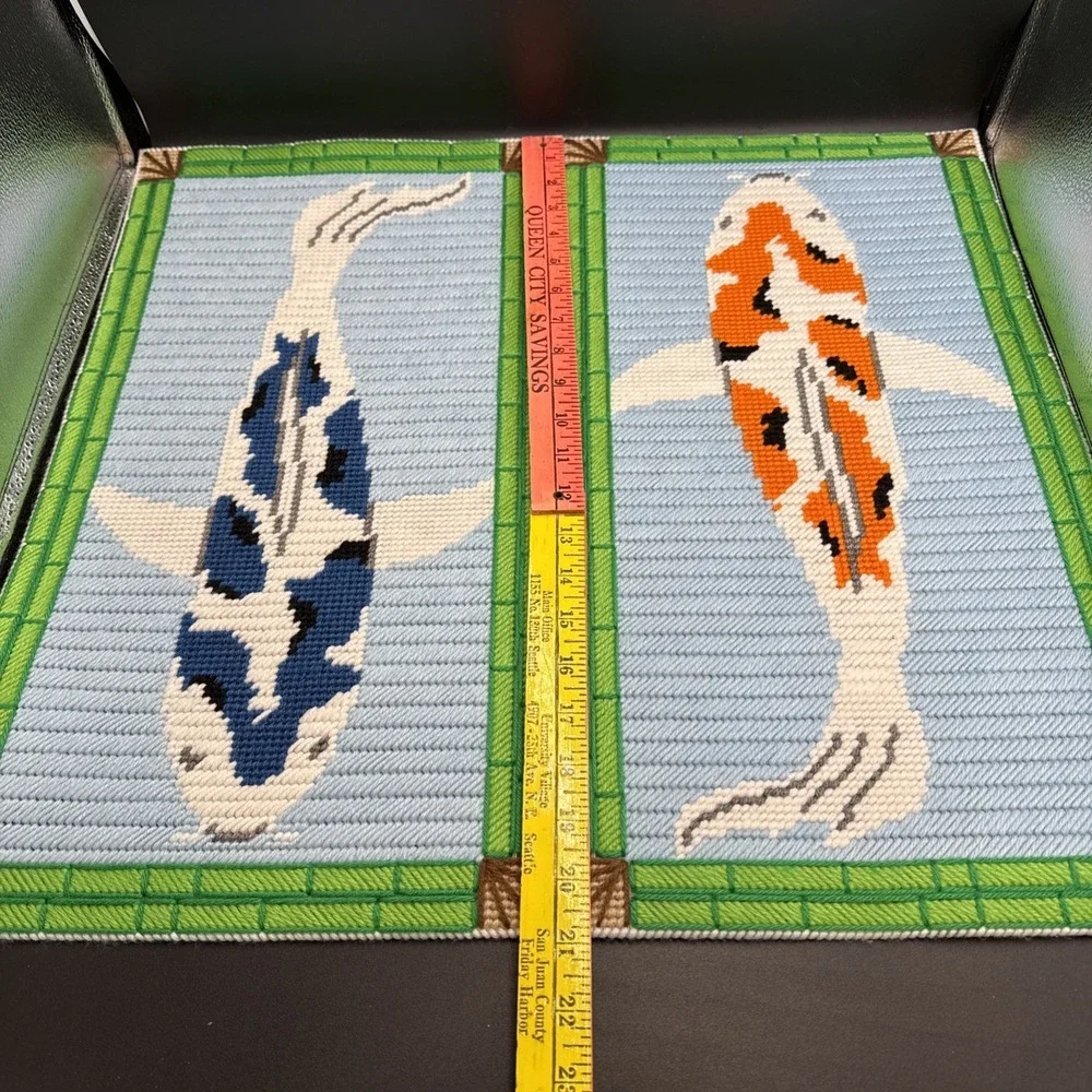 Plastic Canvas Koi Pond Fish Bamboo Panels COMPLETE Set Of 4